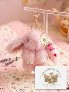 Custom made Pink Plush Bunny Keychain with Daisy Charm